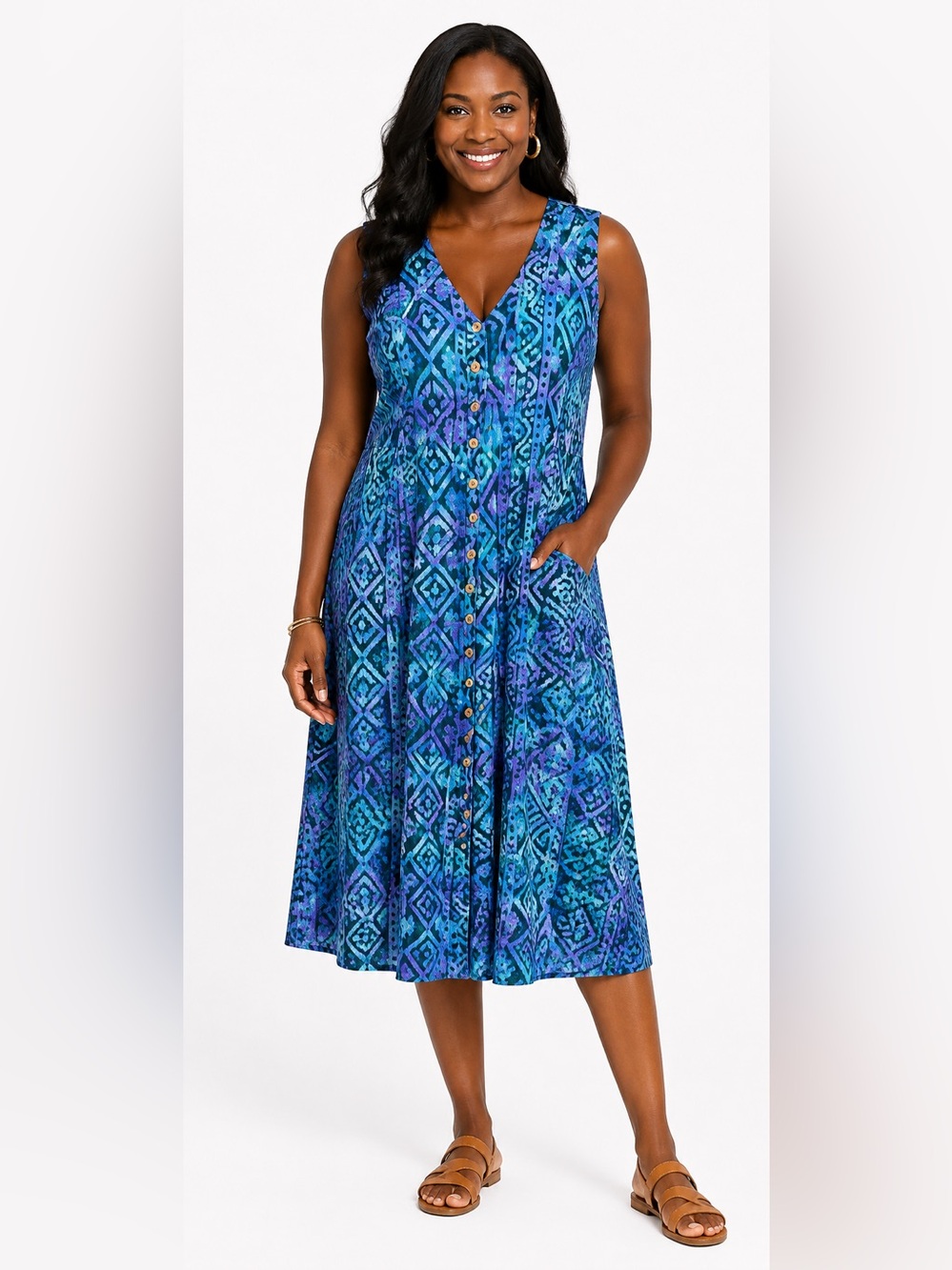 Odyssey Rayon Blue-Green Printed Button-Front Maxi Dress
